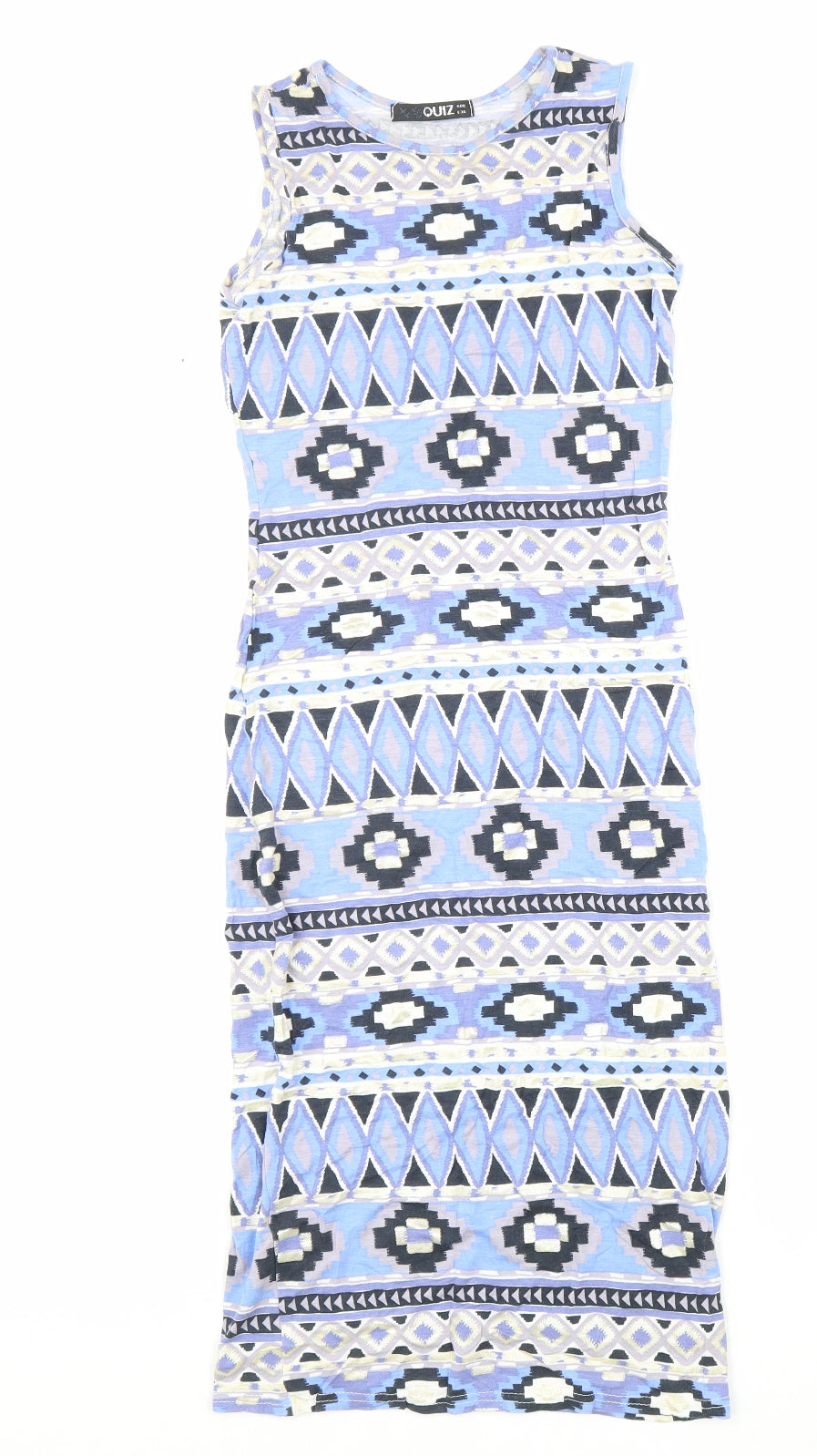 Quiz Womens Blue Geometric Viscose Bodycon Size 8 Round Neck Pullover