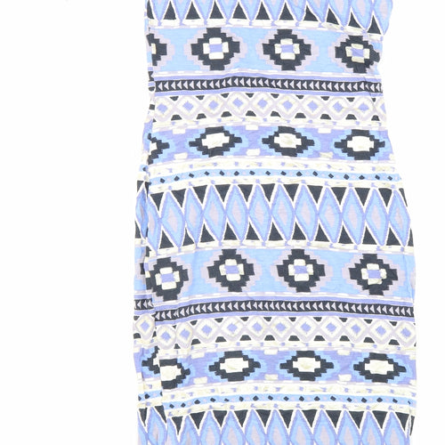 Quiz Womens Blue Geometric Viscose Bodycon Size 8 Round Neck Pullover