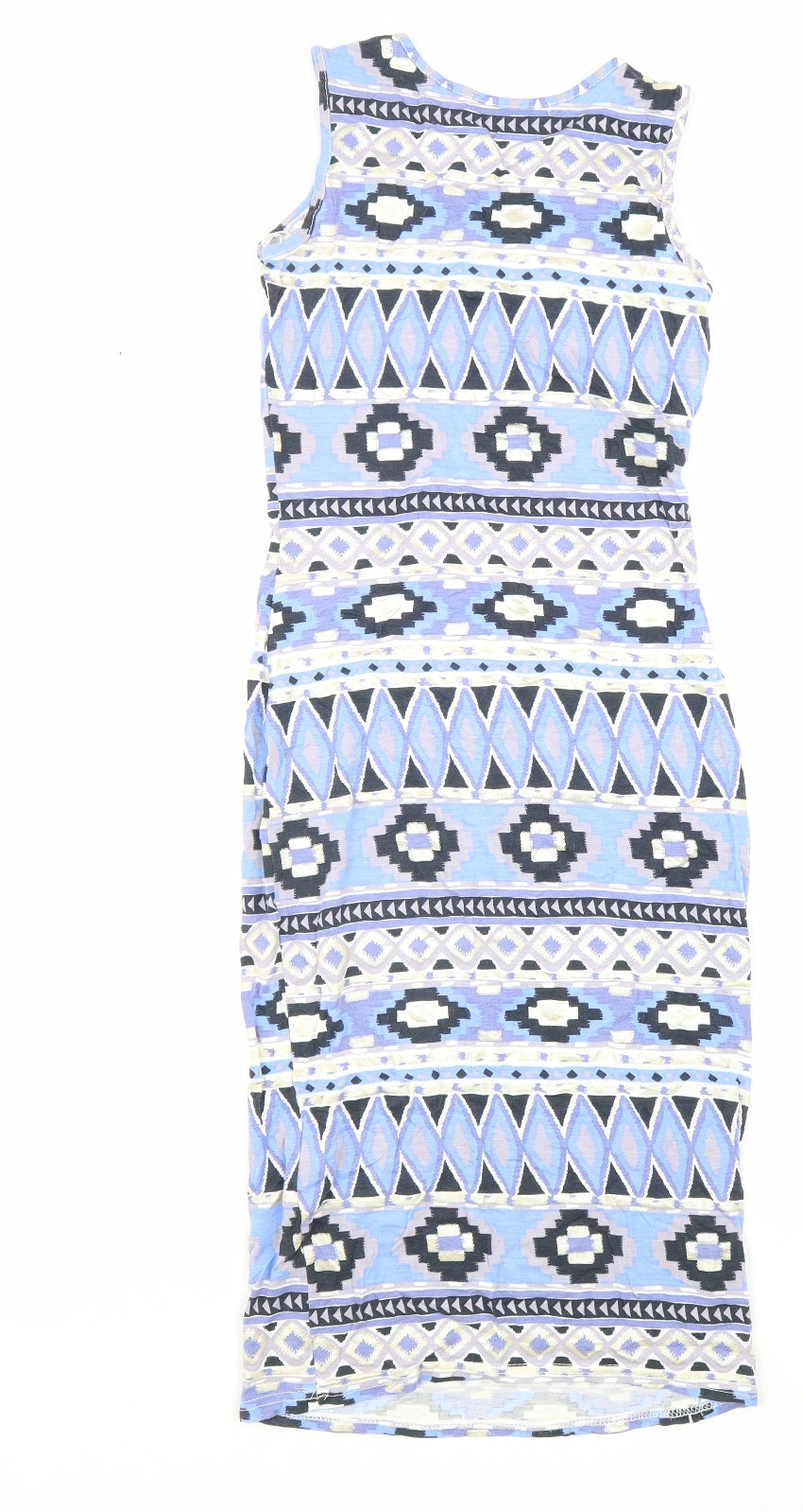 Quiz Womens Blue Geometric Viscose Bodycon Size 8 Round Neck Pullover