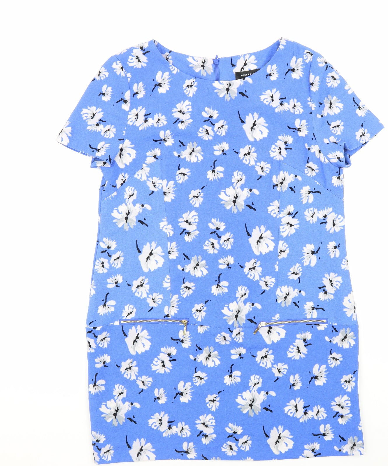 New Look Womens Blue Floral Polyester A-Line Size 14 Round Neck Zip