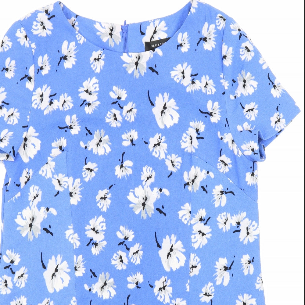 New Look Womens Blue Floral Polyester A-Line Size 14 Round Neck Zip