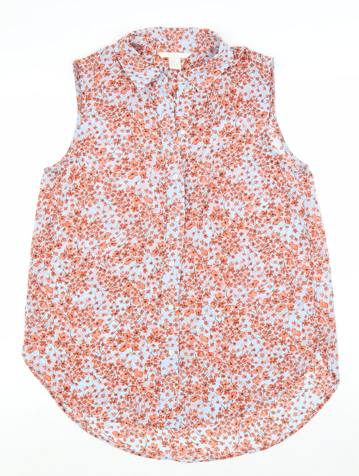 H&M Womens Orange Floral Polyester Basic Button-Up Size 4 Collared