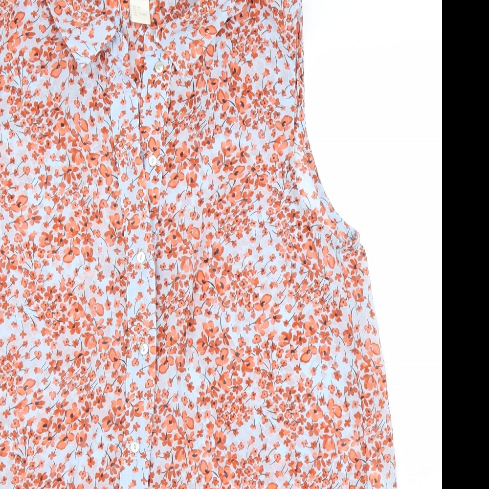 H&M Womens Orange Floral Polyester Basic Button-Up Size 4 Collared