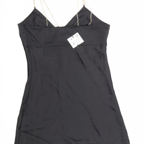 Zara Womens Black Polyester A-Line Size S V-Neck Zip