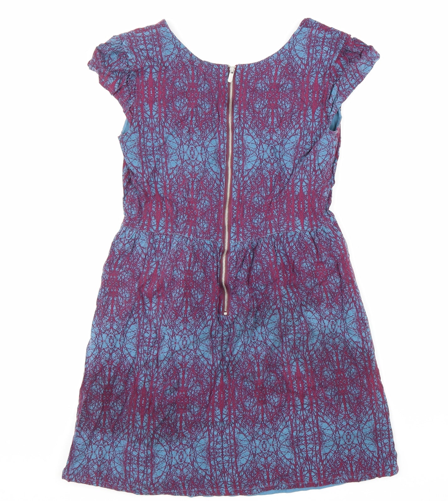 Ness Womens Blue Geometric Viscose A-Line Size 10 V-Neck Zip