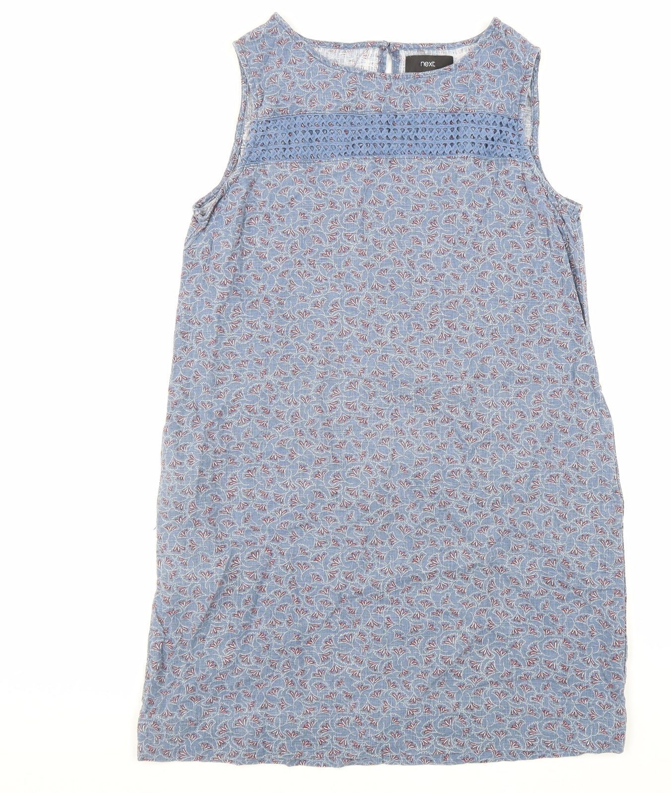 NEXT Womens Blue Geometric Cotton A-Line Size 12 Round Neck Button - Lace Detail
