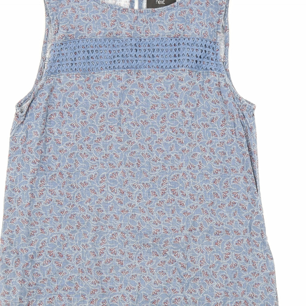 NEXT Womens Blue Geometric Cotton A-Line Size 12 Round Neck Button - Lace Detail