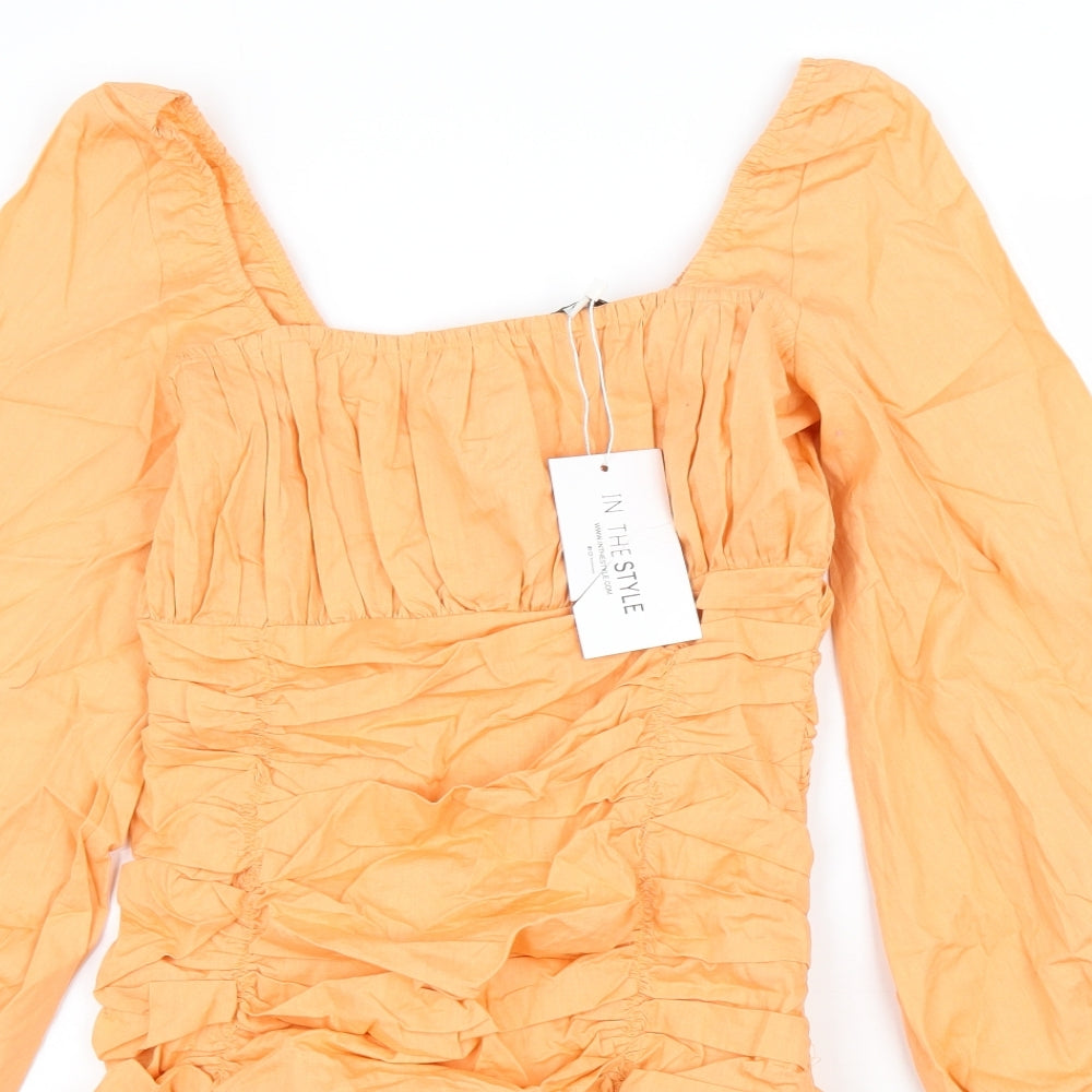 In the Style Womens Orange 100% Cotton Pencil Dress Size 6 Square Neck Zip - Ruched