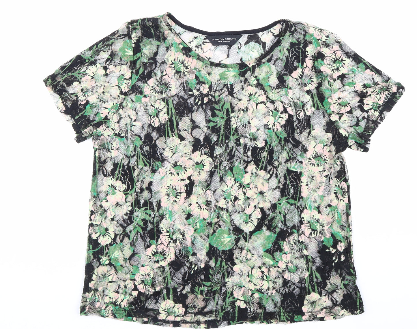 Dorothy Perkins Womens Black Floral Polyester Basic T-Shirt Size 14 Round Neck