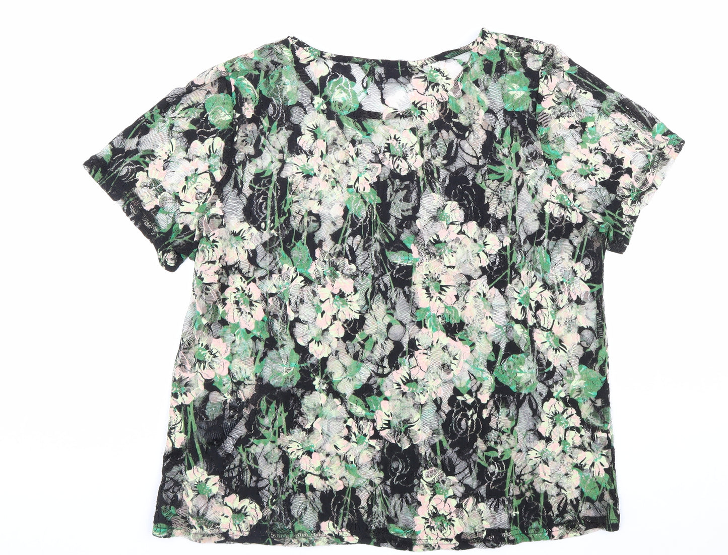 Dorothy Perkins Womens Black Floral Polyester Basic T-Shirt Size 14 Round Neck