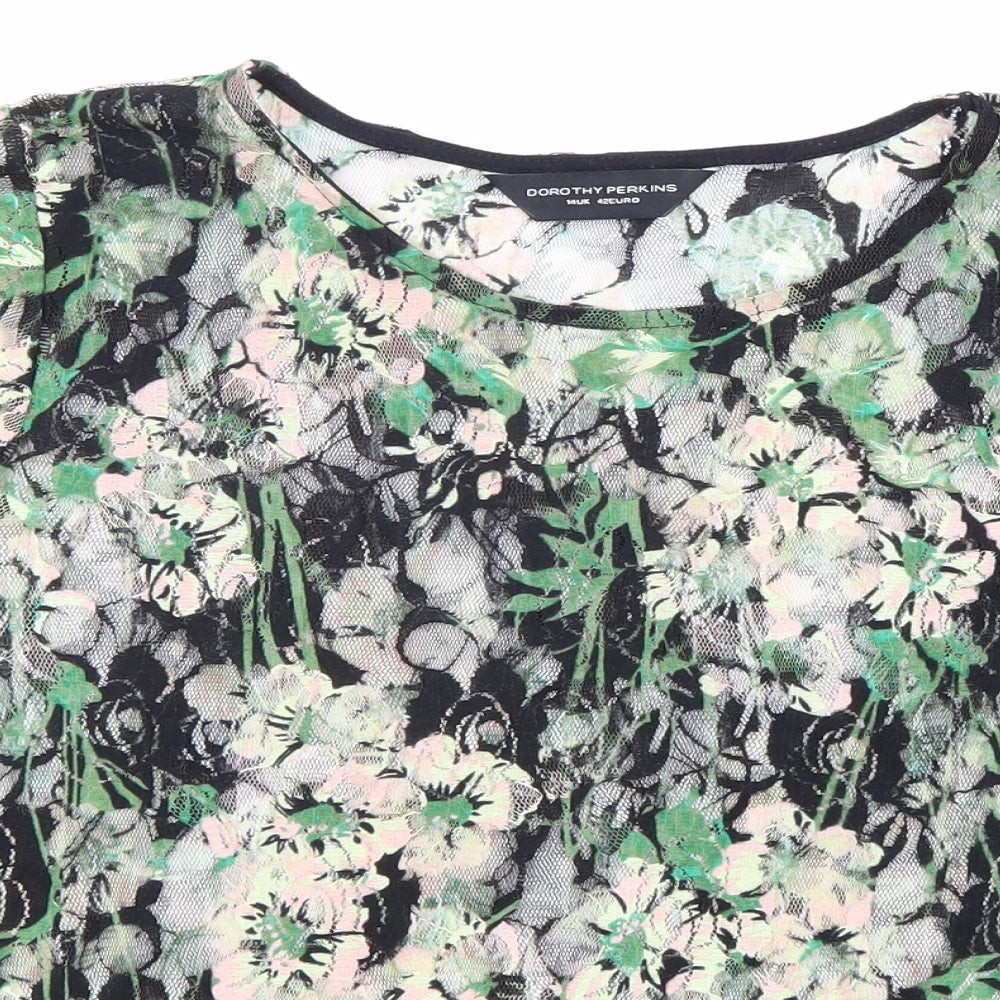 Dorothy Perkins Womens Black Floral Polyester Basic T-Shirt Size 14 Round Neck