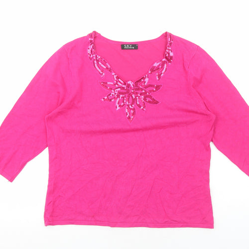 SKY DESIGNS Womens Pink Viscose Basic T-Shirt Size M V-Neck
