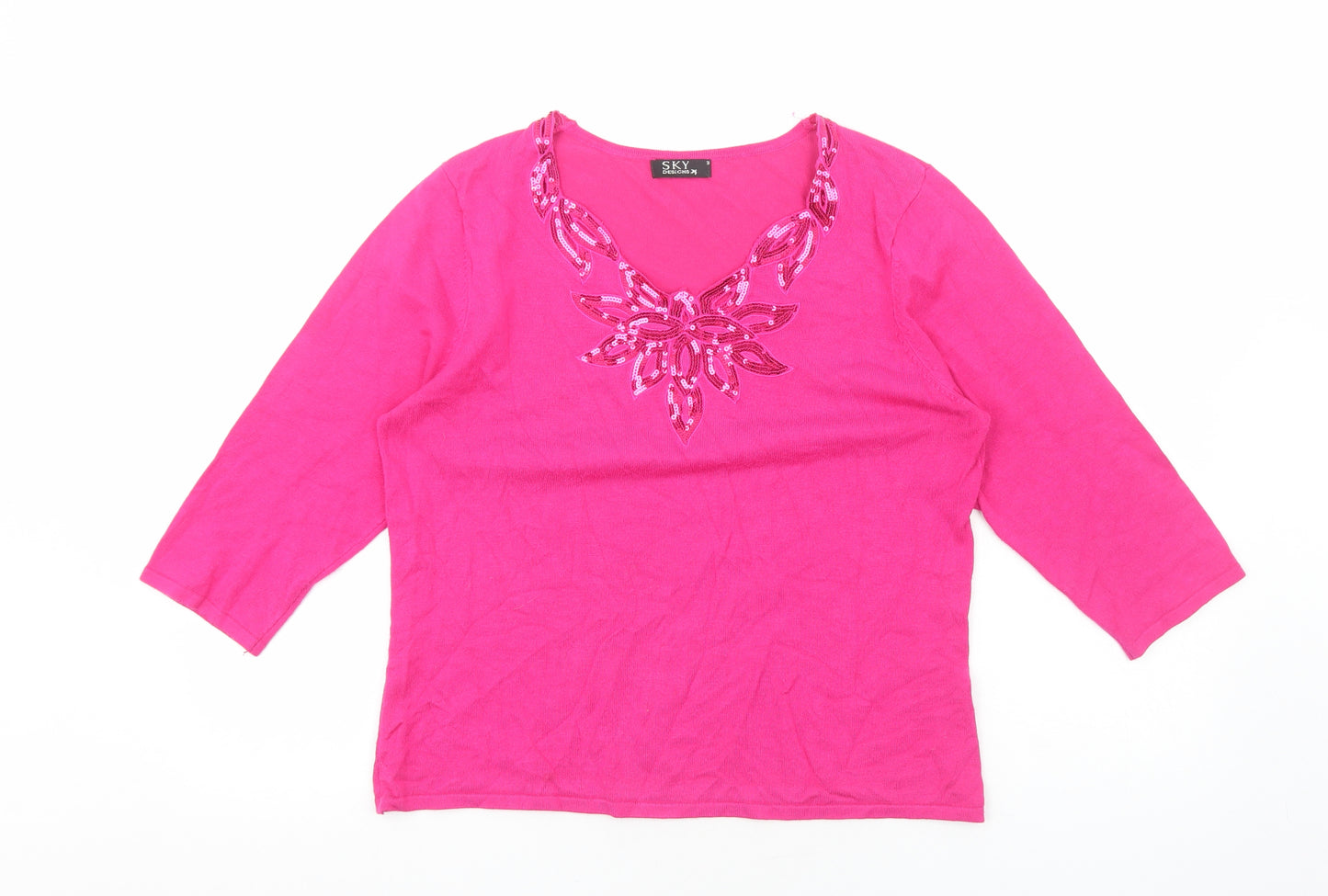 SKY DESIGNS Womens Pink Viscose Basic T-Shirt Size M V-Neck