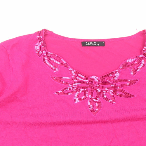 SKY DESIGNS Womens Pink Viscose Basic T-Shirt Size M V-Neck