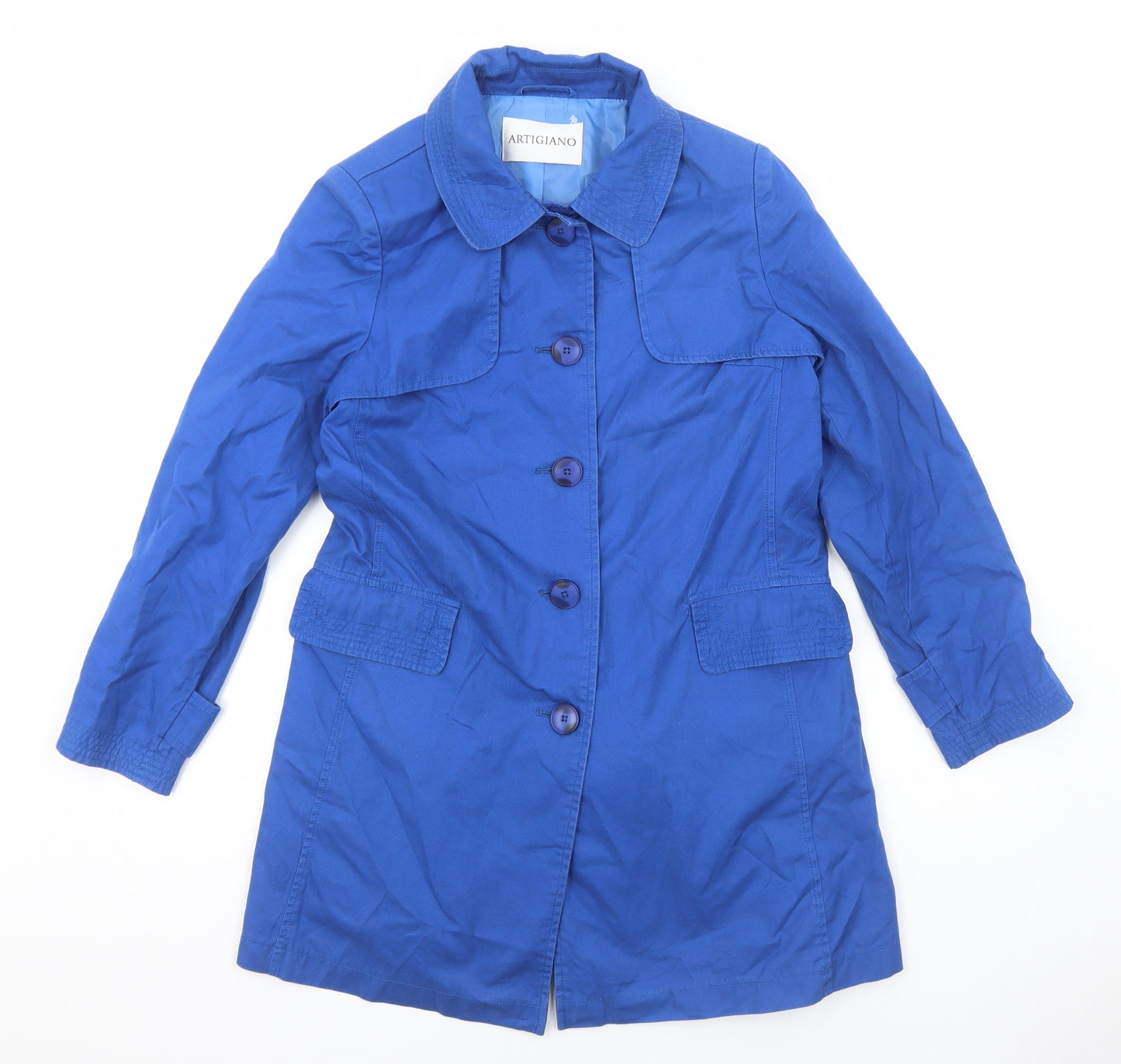 Artigiano Womens Blue Trench Coat Coat Size 12 Button