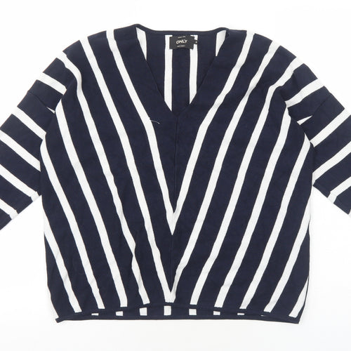 Only Womens Blue V-Neck Striped Viscose Pullover Jumper Size S