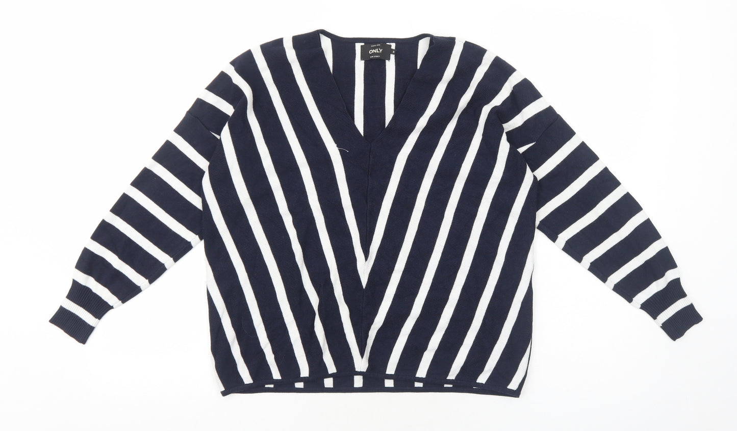 Only Womens Blue V-Neck Striped Viscose Pullover Jumper Size S