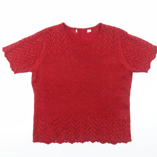 EWM Womens Red Acrylic Basic Blouse Size M Round Neck