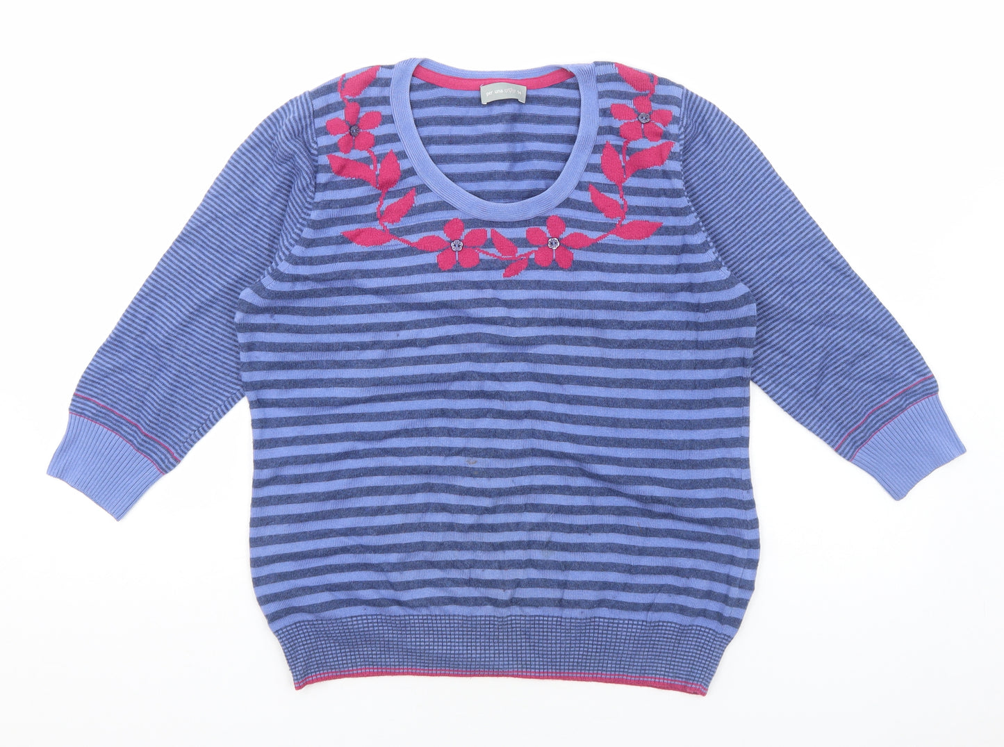 Per Una Womens Blue Round Neck Striped Acrylic Pullover Jumper Size 14 - Flower Pattern