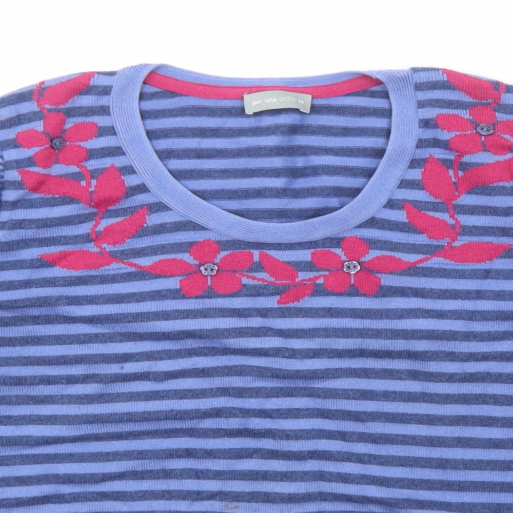 Per Una Womens Blue Round Neck Striped Acrylic Pullover Jumper Size 14 - Flower Pattern