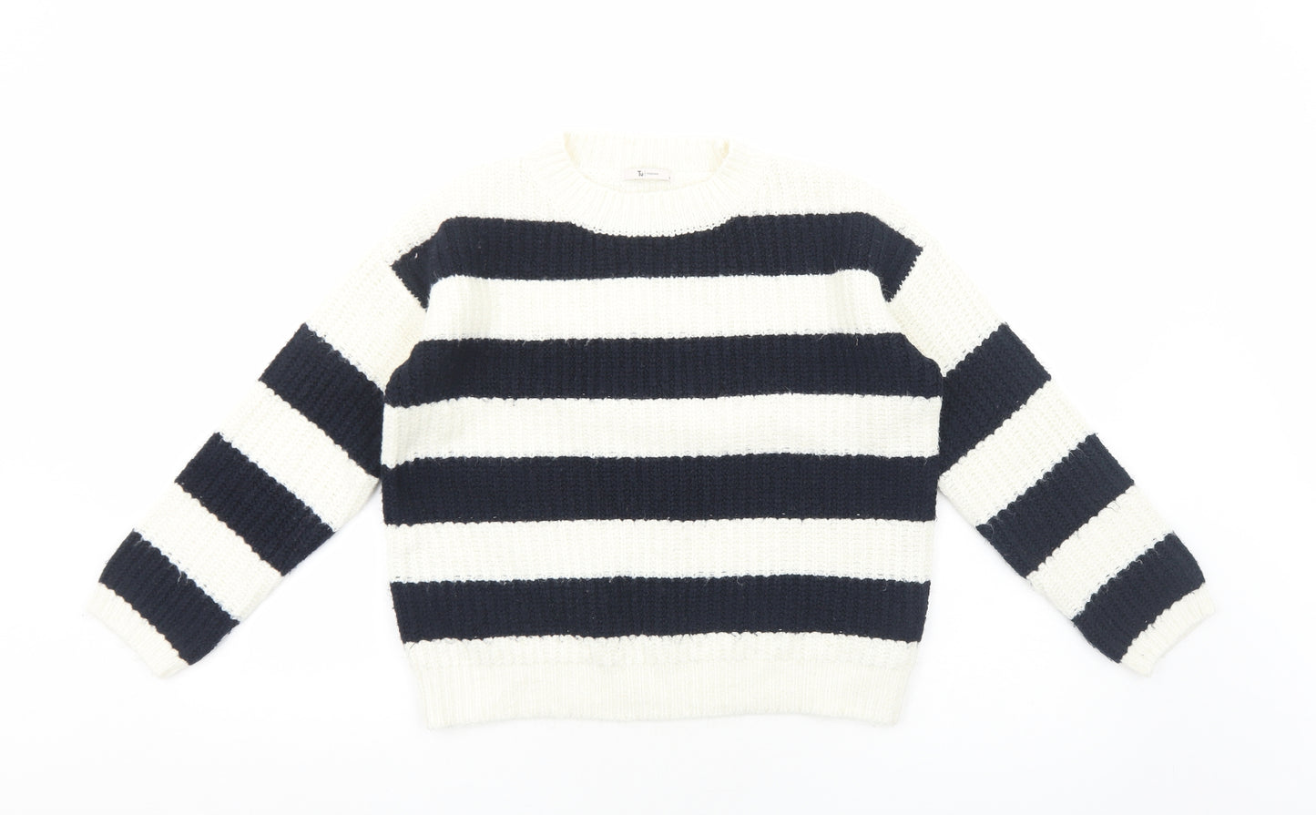 TU Womens White Round Neck Striped Acrylic Pullover Jumper Size 10