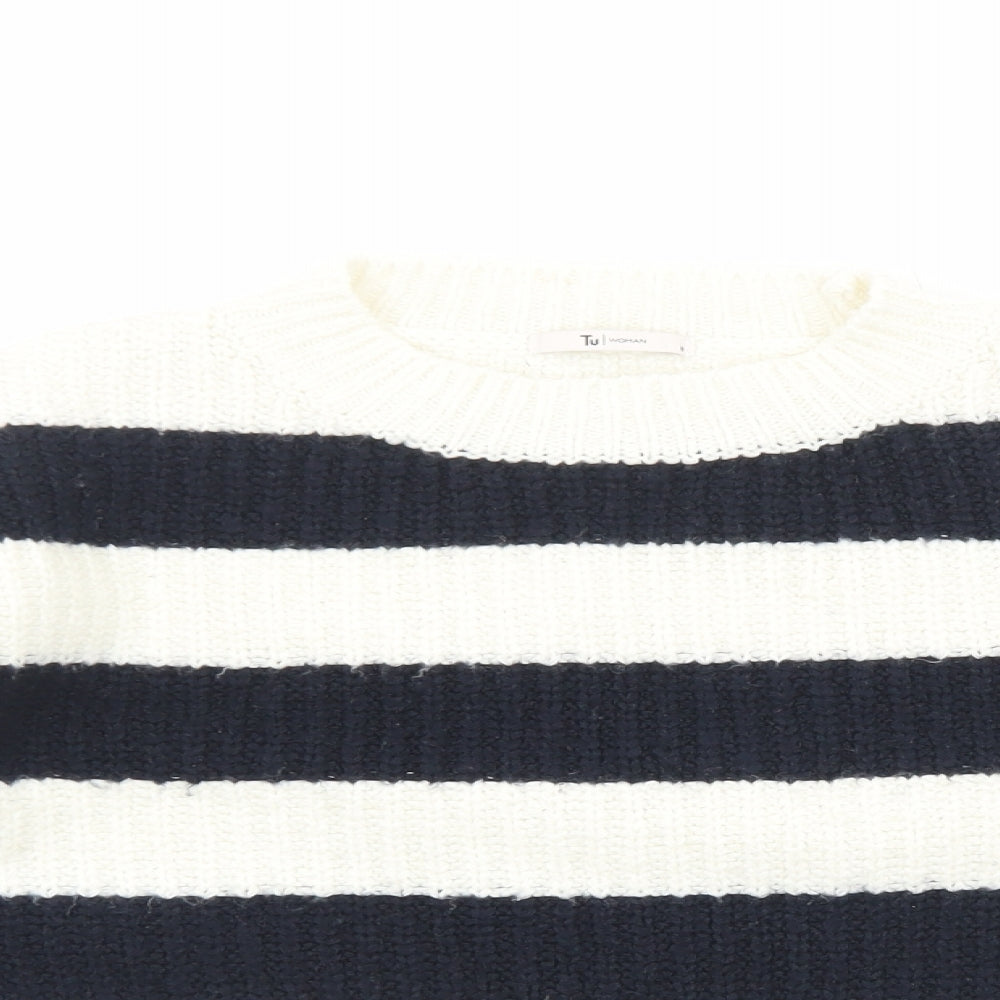 TU Womens White Round Neck Striped Acrylic Pullover Jumper Size 10