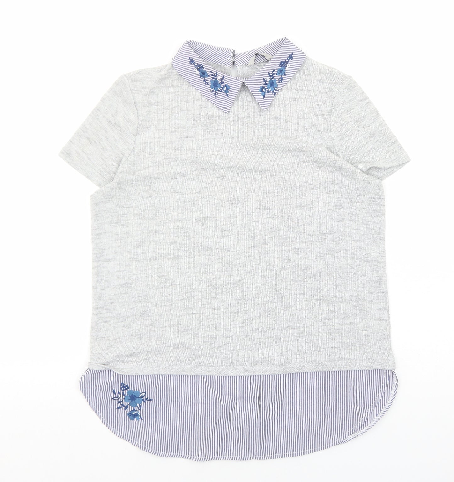 TU Womens Grey Geometric Cotton Basic T-Shirt Size 12 Round Neck - Flower Detail