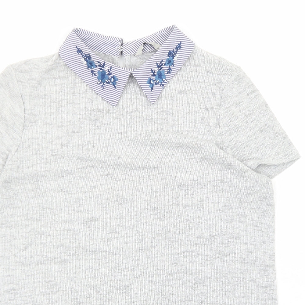 TU Womens Grey Geometric Cotton Basic T-Shirt Size 12 Round Neck - Flower Detail