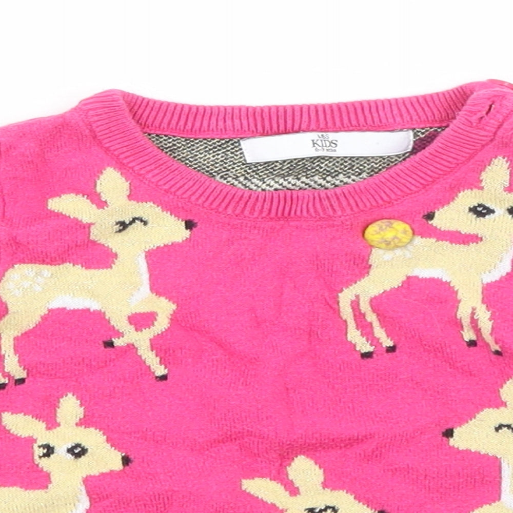 Marks and Spencer Girls Pink Geometric Cotton Pullover Jumper Size 6-9 Months Pullover - Deer
