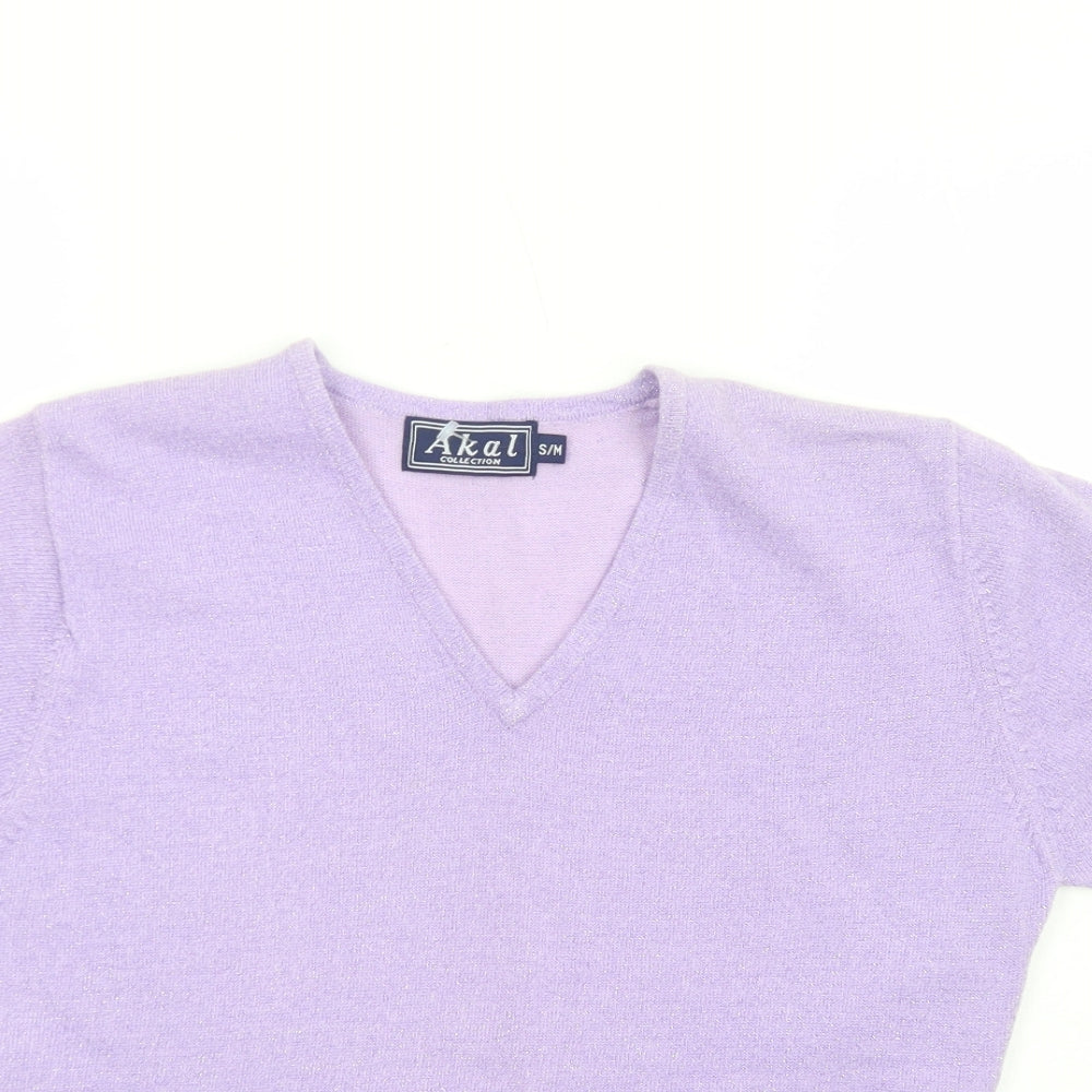 Akal Collection Womens Purple Polyester Basic T-Shirt Size S V-Neck