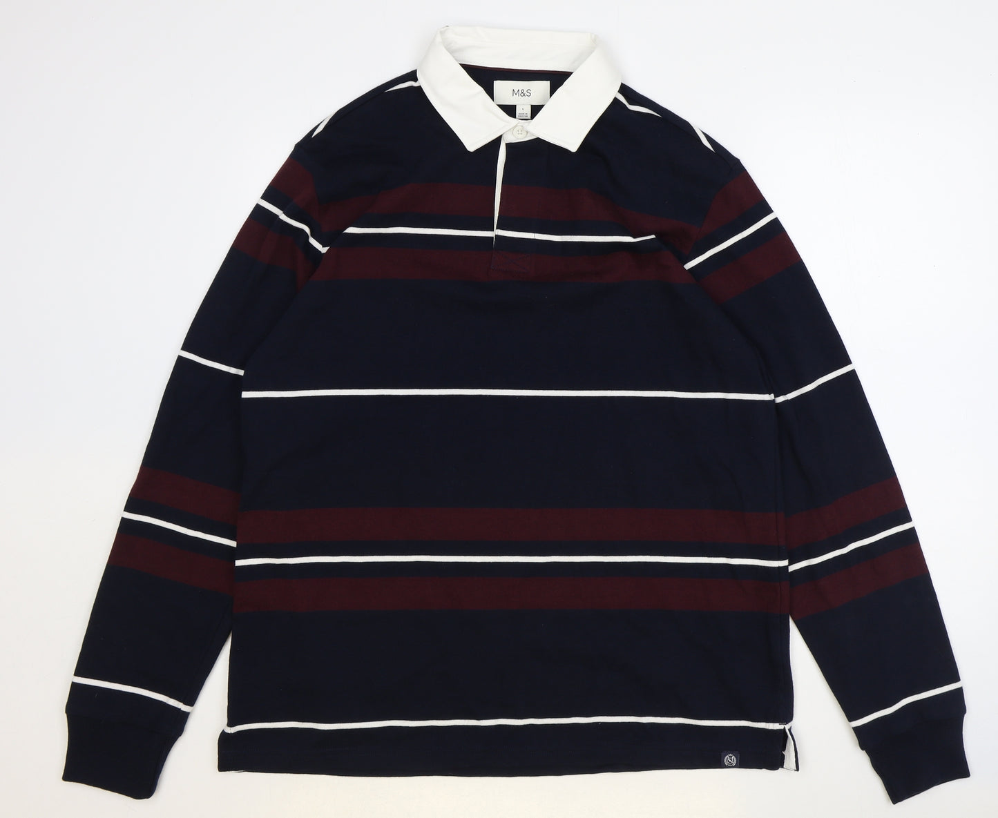 Marks and Spencer Mens Blue Striped 100% Cotton Polo Size L Collared Button