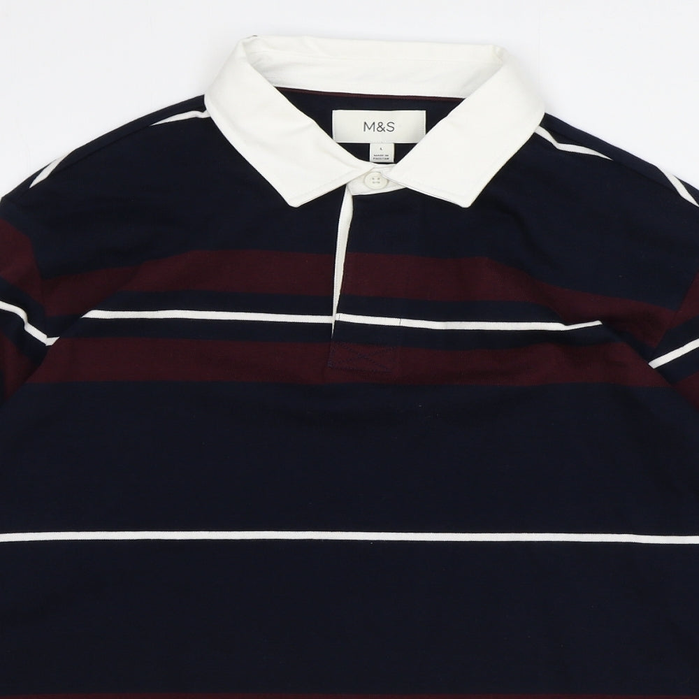 Marks and Spencer Mens Blue Striped 100% Cotton Polo Size L Collared Button