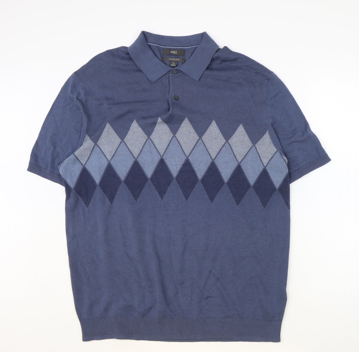 Marks and Spencer Mens Blue Argyle/Diamond Cotton Polo Size 2XL Collared Button