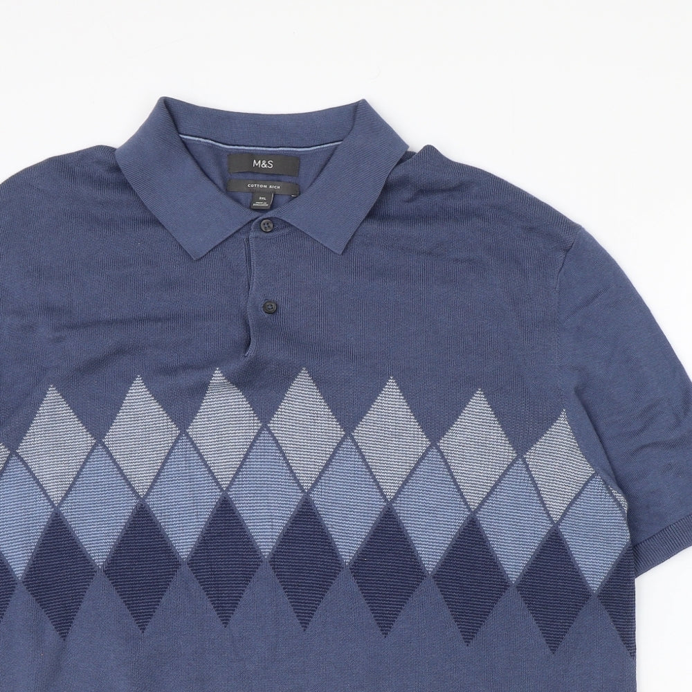 Marks and Spencer Mens Blue Argyle/Diamond Cotton Polo Size 2XL Collared Button