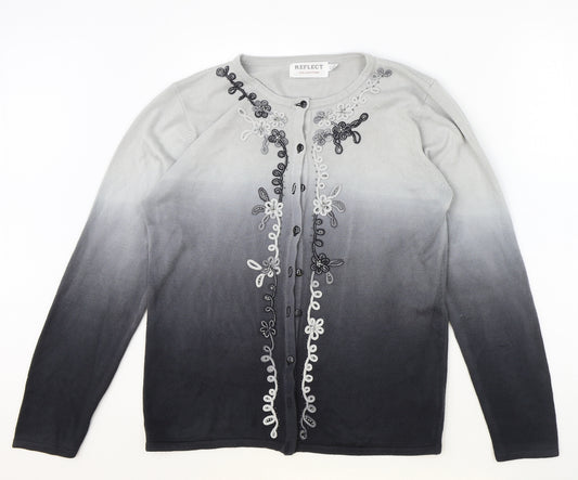 Front view of Reflect Collection women’s grey round neck acrylic cardigan jumper, size S, - ombré