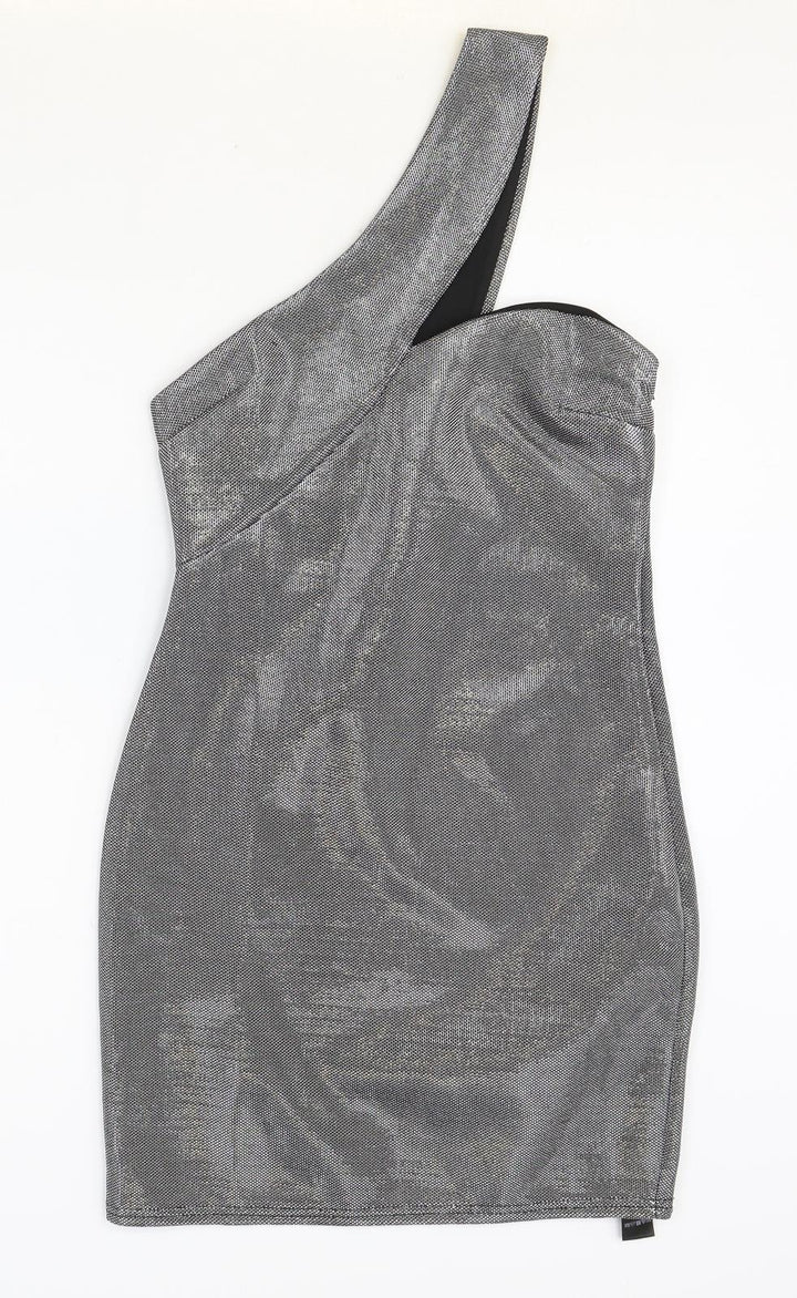 ASOS Womens Silver Polyester Bodycon Size 10 Off the Shoulder Zip