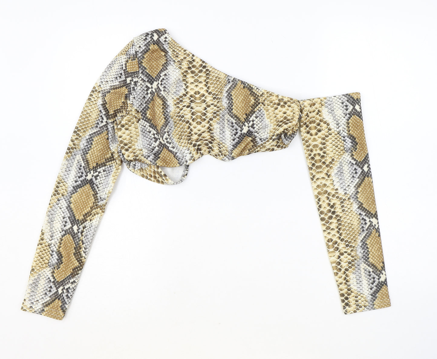 In the Style Womens Brown Animal Print Polyester Cropped Blouse Size 10 Off the Shoulder - Snake Skin Print