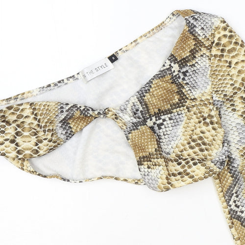 In the Style Womens Brown Animal Print Polyester Cropped Blouse Size 10 Off the Shoulder - Snake Skin Print