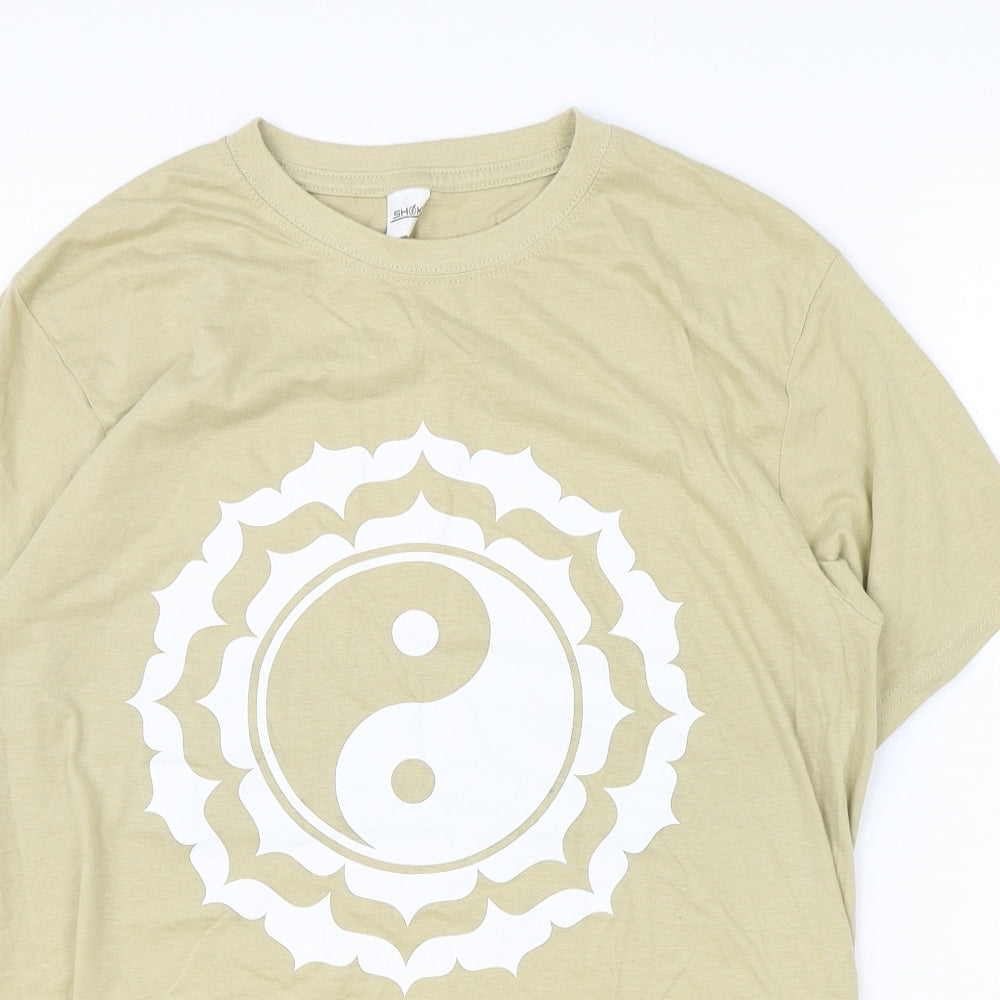 Shok Womens Brown 100% Cotton Basic T-Shirt Size M Round Neck - Ying Yang