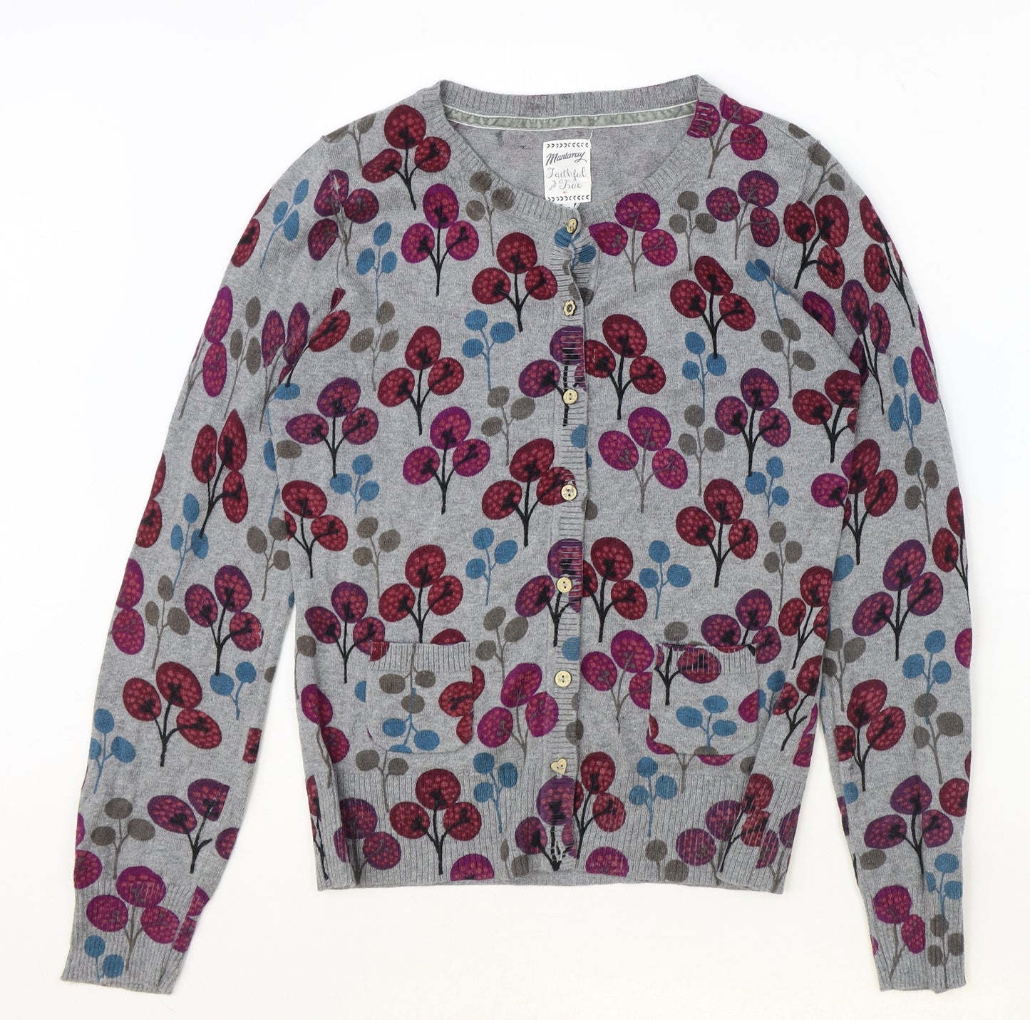 MANTARAY PRODUCTS Womens Grey Round Neck Floral 100% Cotton Cardigan Jumper Size 12