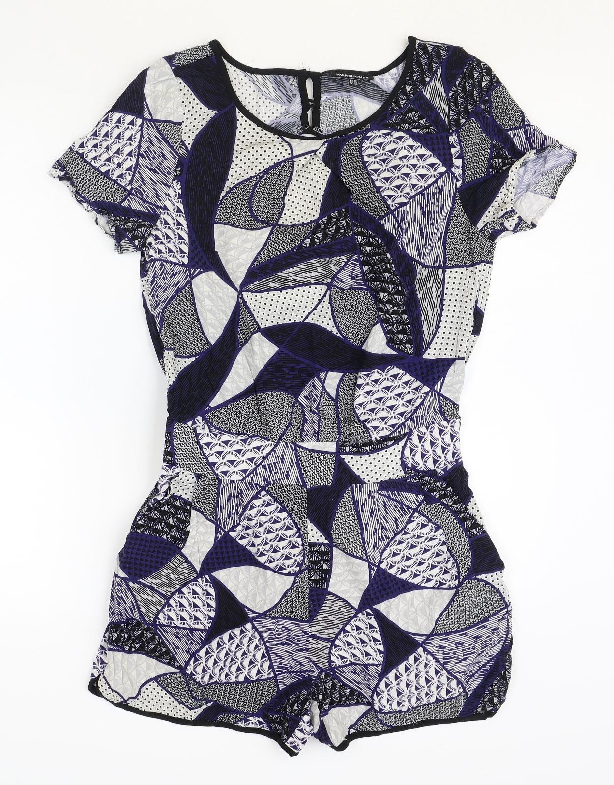 Warehouse Womens Blue Geometric Viscose Playsuit One-Piece Size 10 Button