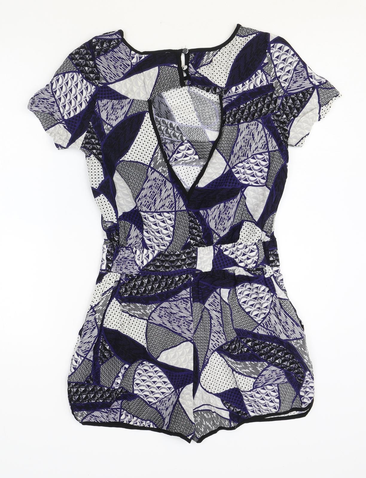 Warehouse Womens Blue Geometric Viscose Playsuit One-Piece Size 10 Button