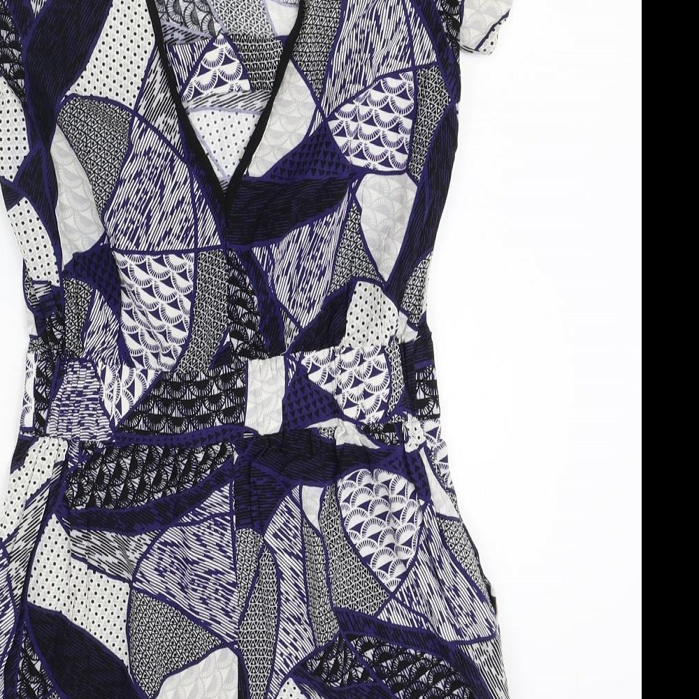 Warehouse Womens Blue Geometric Viscose Playsuit One-Piece Size 10 Button