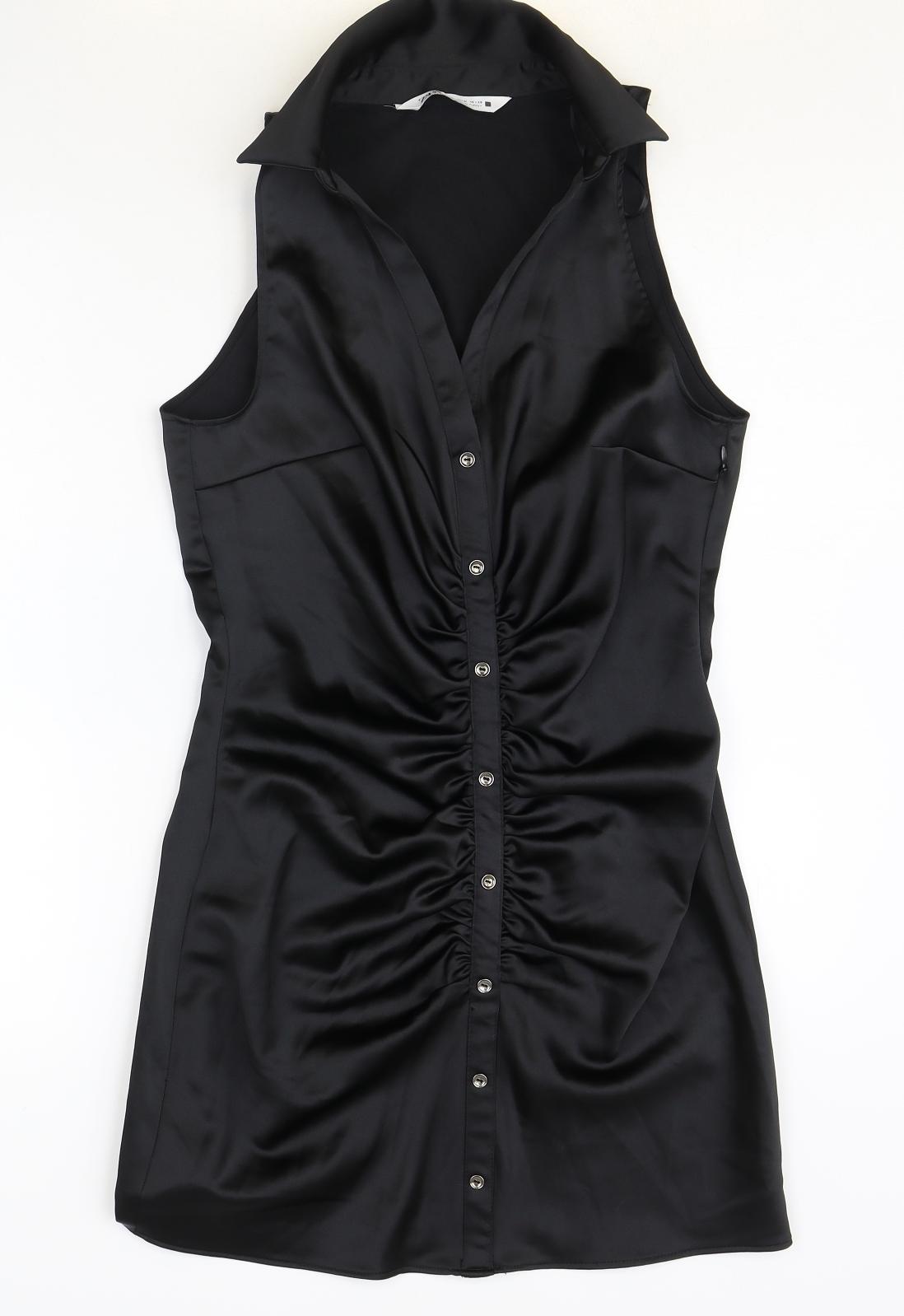 Zara Womens Black Polyester Shirt Dress Size M V-Neck Button