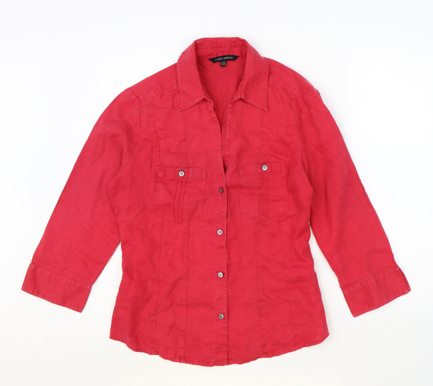 Laura Ashley Womens Red Linen Basic Button-Up Size 14 Collared
