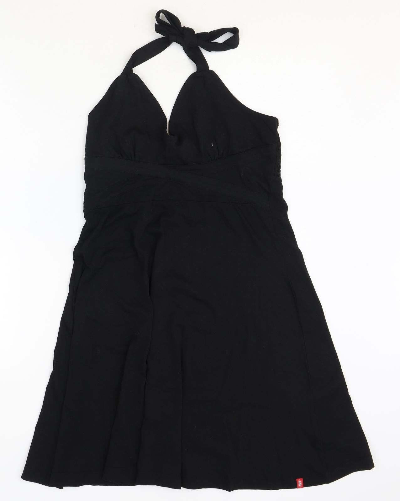 EDC Womens Black Cotton A-Line Size M V-Neck Tie