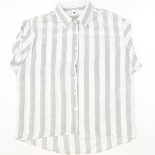 JV Womens Grey Striped 100% Cotton Basic Button-Up Size 10 Collared
