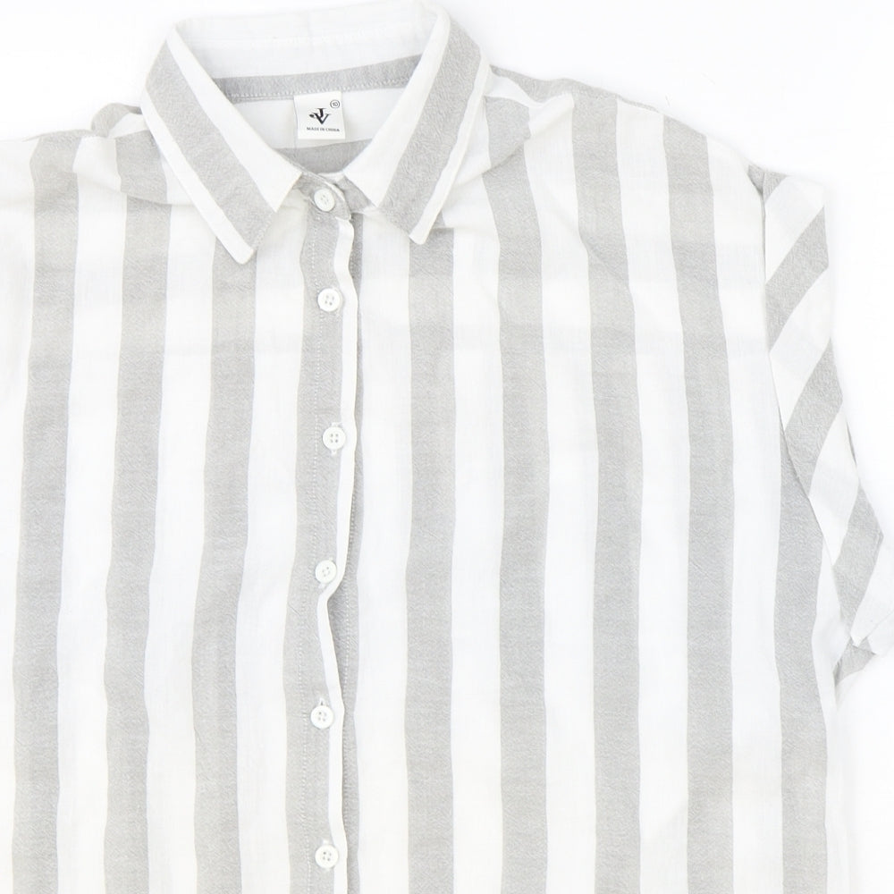 JV Womens Grey Striped 100% Cotton Basic Button-Up Size 10 Collared