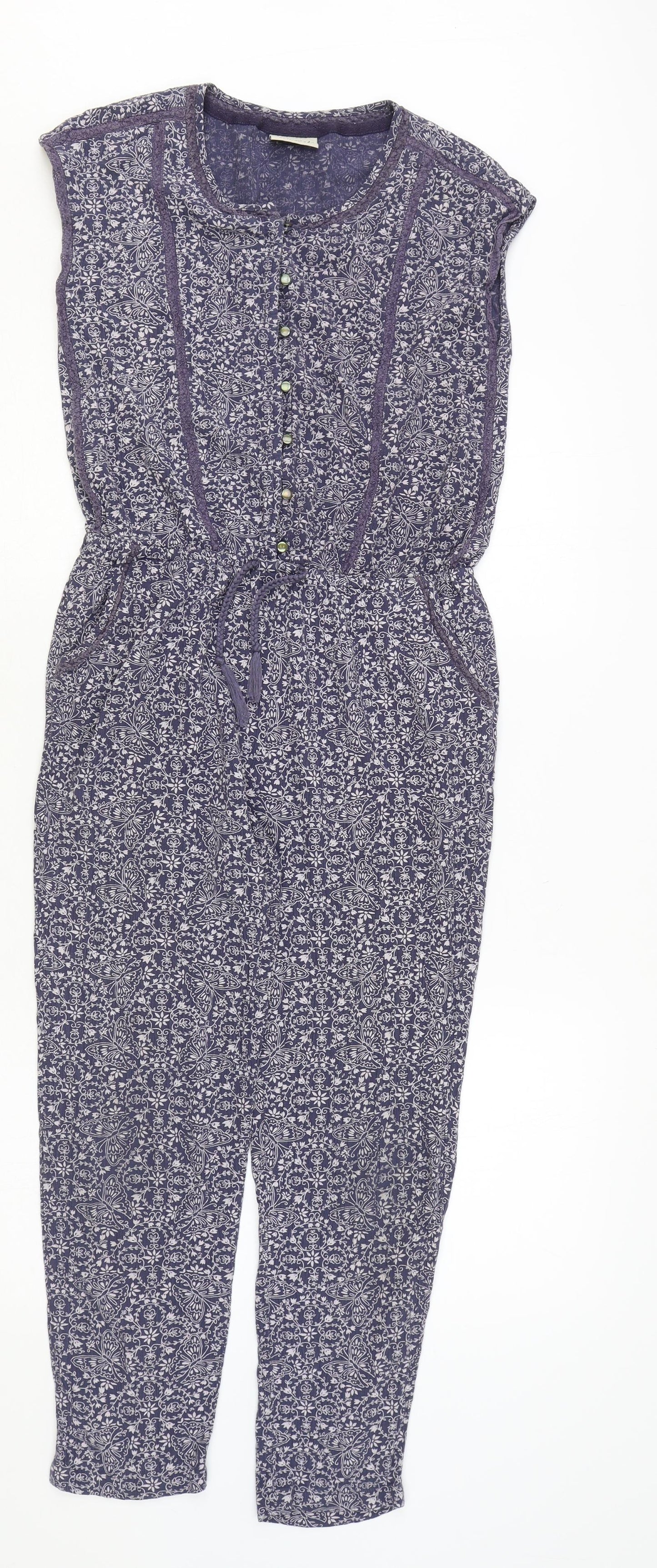 NEXT Girls Blue Floral Viscose Jumpsuit One-Piece Size 11 Years Button - Drawstring Waist