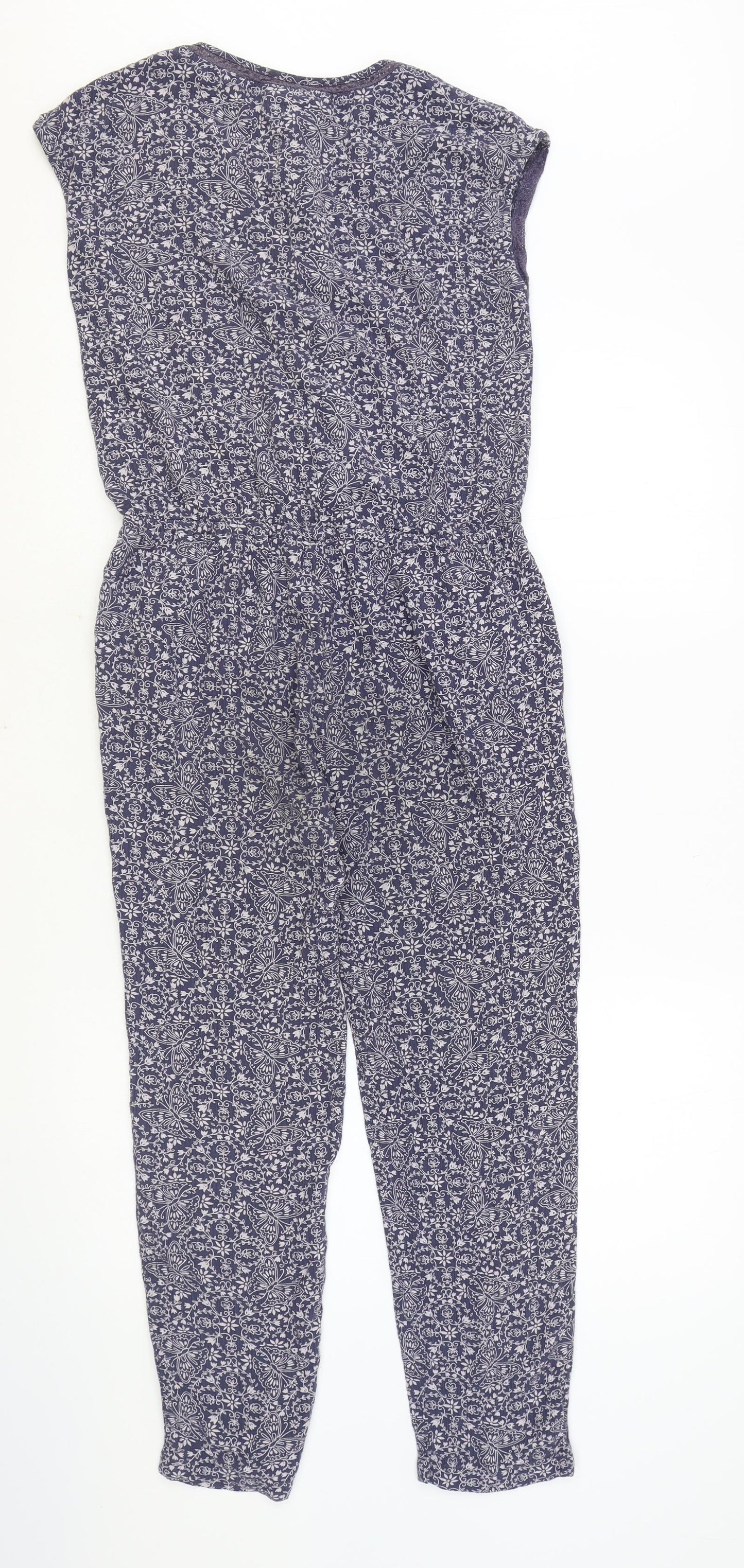 NEXT Girls Blue Floral Viscose Jumpsuit One-Piece Size 11 Years Button - Drawstring Waist